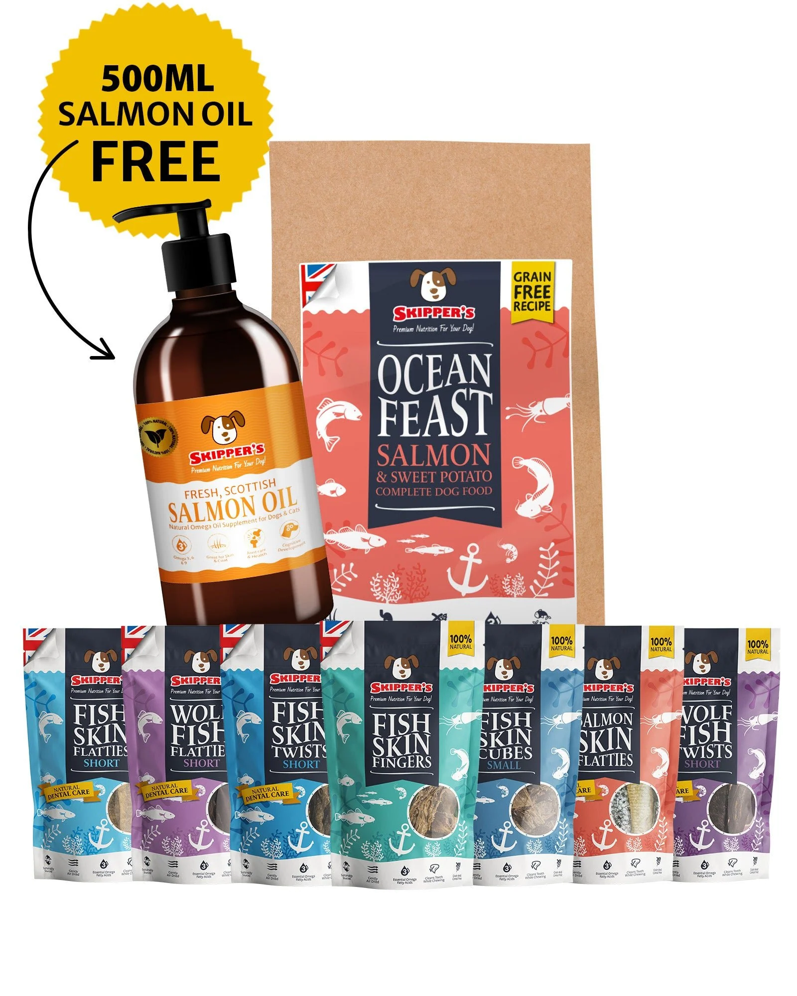 Essential Bundle | Ocean Feast Grain Free Dog Food + Dental Treats + FREE 500ml Salmon Oil